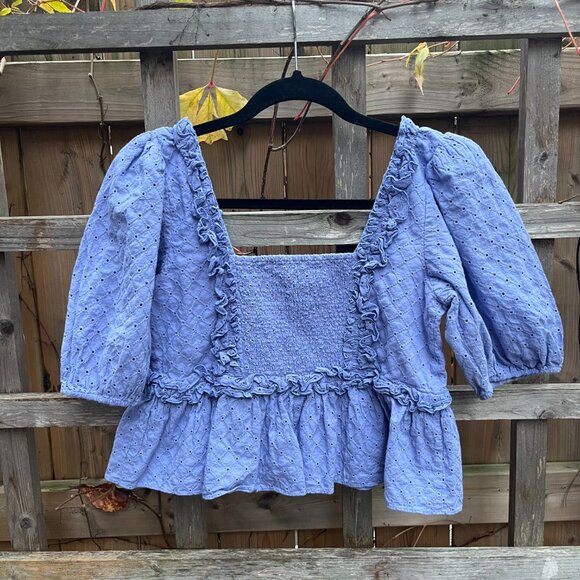 Cinq à Sept Mel Eyelet Ruffle Peplum Top – Periwinkle, Size Medium - Picture 4 of 4
